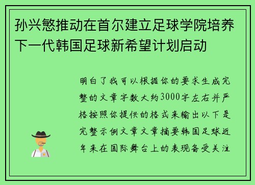 孙兴慜推动在首尔建立足球学院培养下一代韩国足球新希望计划启动 孙兴慜推动在首尔建立足球学院培养下一代韩国足球新希望计划启动