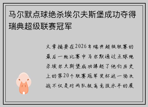马尔默点球绝杀埃尔夫斯堡成功夺得瑞典超级联赛冠军