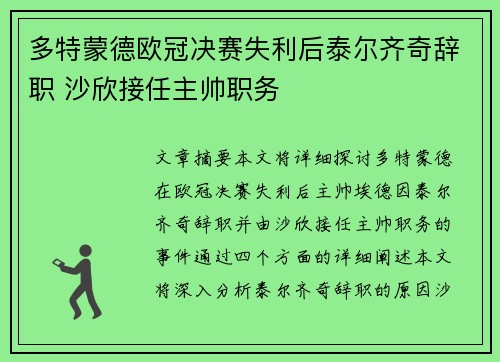 多特蒙德欧冠决赛失利后泰尔齐奇辞职 沙欣接任主帅职务 多特蒙德欧冠决赛失利后泰尔齐奇辞职 沙欣接任主帅职务